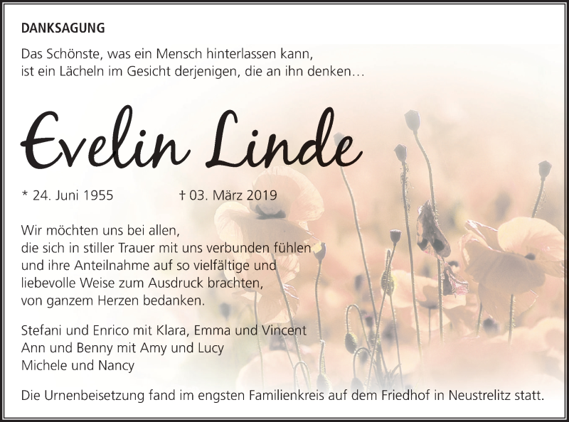  Traueranzeige für Evelin Linde vom 23.03.2019 aus Neubrandenburger Zeitung