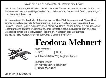 Traueranzeige von Feodora Mehnert von Prenzlauer Zeitung