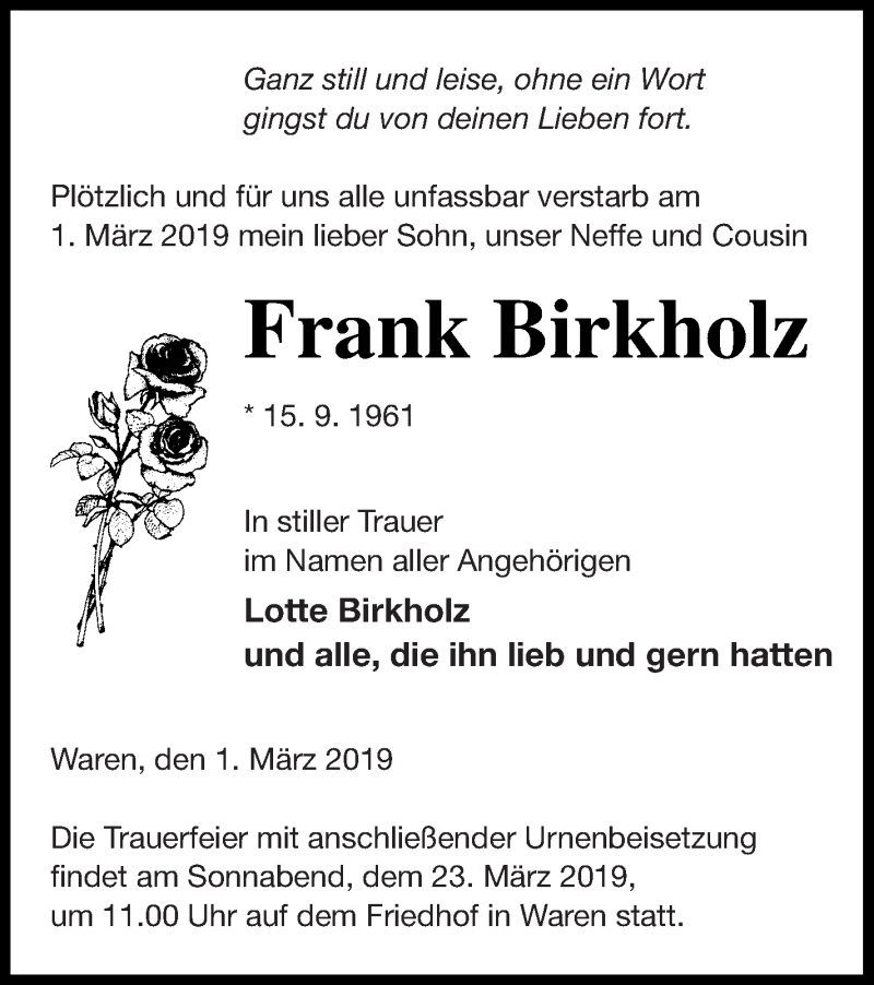  Traueranzeige für Frank Birkholz vom 15.03.2019 aus Müritz-Zeitung