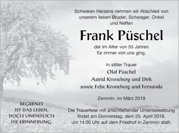 Traueranzeige von Frank Püschel von Vorpommern Kurier