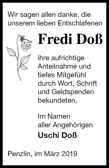 Traueranzeige von Fredi Doß von Müritz-Zeitung