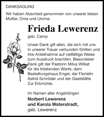 Traueranzeige von Frieda Lewerenz von Mecklenburger Schweiz