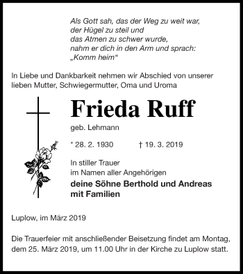 Traueranzeige von Frieda Ruff von Neubrandenburger Zeitung