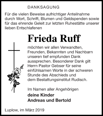 Traueranzeige von Frieda Ruff von Neubrandenburger Zeitung