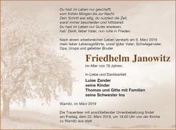 Traueranzeige von Friedhelm Janowitz von Prenzlauer Zeitung