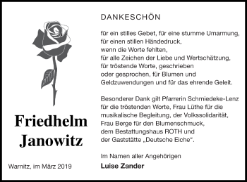 Traueranzeige von Friedhelm Janowitz von Prenzlauer Zeitung