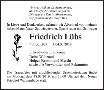 Traueranzeige von Friedrich Lübs von Norddeutsche Neueste Nachrichten