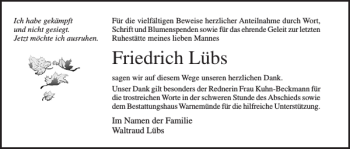 Traueranzeige von Friedrich Lübs von Norddeutsche Neueste Nachrichten