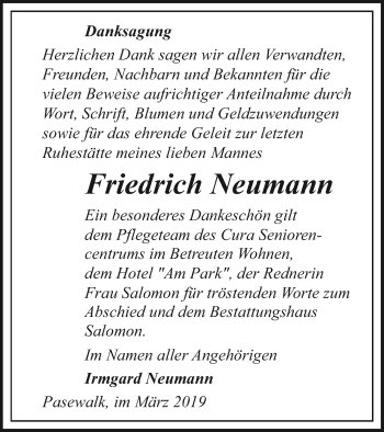 Traueranzeige von Friedrich Neumann von Pasewalker Zeitung