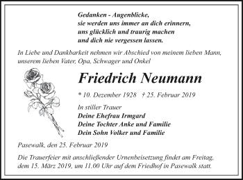 Traueranzeige von Friedrich Neumann von Pasewalker Zeitung