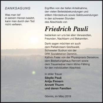 Traueranzeige von Friedrich Pauli von Vorpommern Kurier