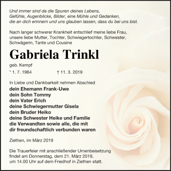 Traueranzeige von Gabriela Trinkl von Vorpommern Kurier