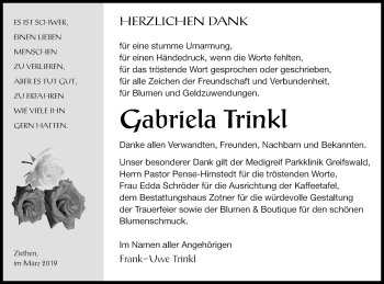 Traueranzeige von Gabriela Trinkl von Vorpommern Kurier