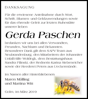 Traueranzeige von Gerda Paschen von Pasewalker Zeitung