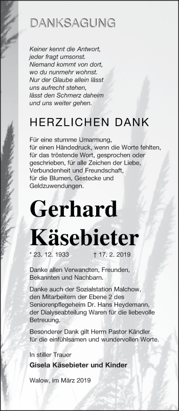 Traueranzeige von Gerhard Käsebieter von Müritz-Zeitung