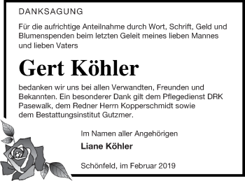 Traueranzeige von Gert Köhler von Prenzlauer Zeitung