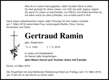 Traueranzeige von Gertraud Ramin von Pasewalker Zeitung