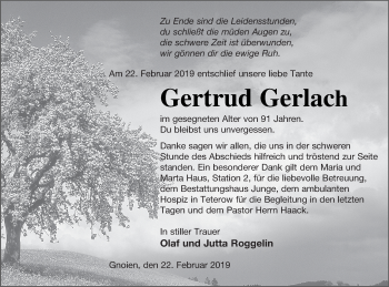 Traueranzeige von Gertrud Gerlach von Mecklenburger Schweiz