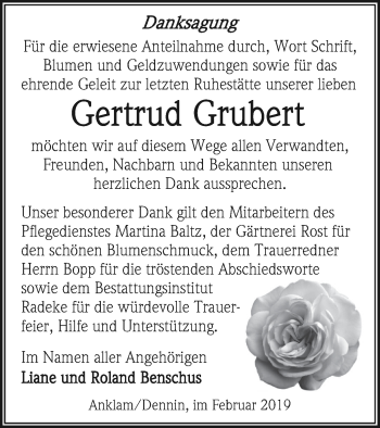 Traueranzeige von Gertrud Grubert von Vorpommern Kurier