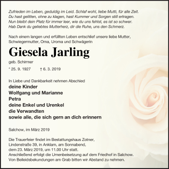 Traueranzeige von Giesela Jarling von Vorpommern Kurier