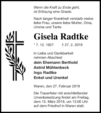 Traueranzeige von Gisela Radtke von Müritz-Zeitung