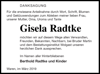 Traueranzeige von Gisela Radtke von Müritz-Zeitung