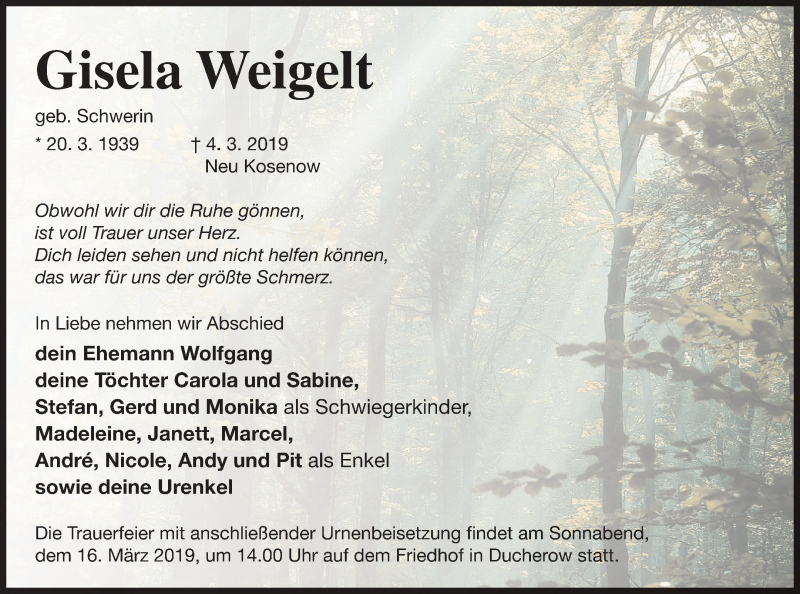  Traueranzeige für Gisela Weigelt vom 08.03.2019 aus Vorpommern Kurier