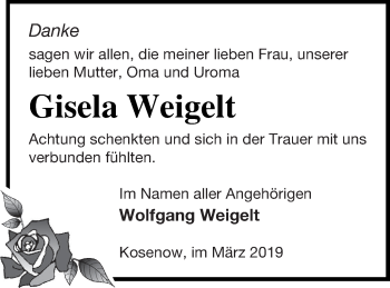 Traueranzeige von Gisela Weigelt von Vorpommern Kurier