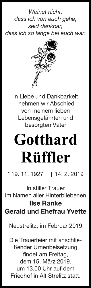 Traueranzeige von Gotthard Rüffler von Strelitzer Zeitung