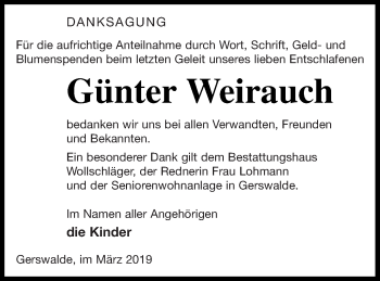 Traueranzeige von Günter Weirauch von Templiner Zeitung