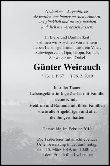 Traueranzeige von Günter Weirauch von Templiner Zeitung