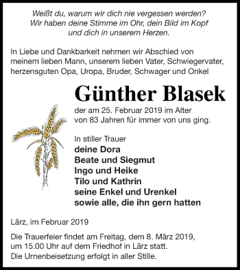 Traueranzeige von Günther Blasek von Müritz-Zeitung