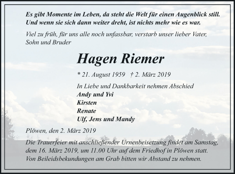  Traueranzeige für Hagen Riemer vom 06.03.2019 aus Pasewalker Zeitung