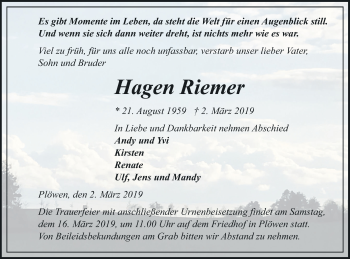 Traueranzeige von Hagen Riemer von Pasewalker Zeitung