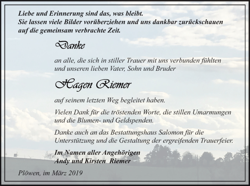  Traueranzeige für Hagen Riemer vom 23.03.2019 aus Pasewalker Zeitung