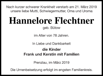 Traueranzeige von Hannelore Flechtner von Prenzlauer Zeitung