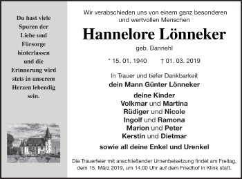 Traueranzeige von Hannelore Lönneker von Müritz-Zeitung