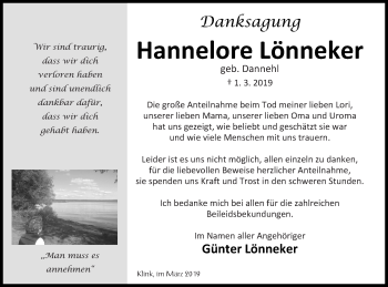 Traueranzeige von Hannelore Lönneker von Müritz-Zeitung