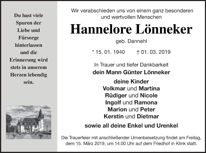  Traueranzeige für Hannelore Lönneker vom 08.03.2019 aus Müritz-Zeitung