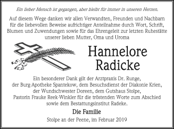 Traueranzeige von Hannelore Radicke von Vorpommern Kurier