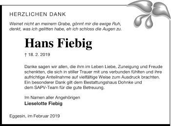 Traueranzeige von Hans Fiebig von Haff-Zeitung