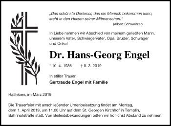 Traueranzeige von Hans-Georg Engel von Templiner Zeitung