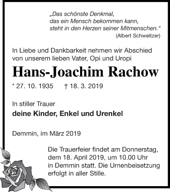 Traueranzeige von Hans-Joachim Rachow von Demminer Zeitung