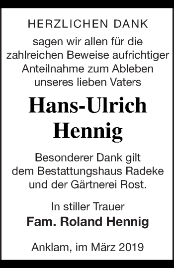 Traueranzeige von Hans-Ulrich Hennig von Vorpommern Kurier