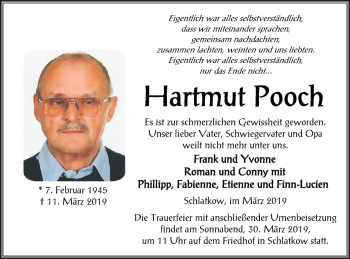 Traueranzeige von Hartmut Pooch von Vorpommern Kurier