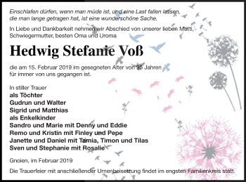 Traueranzeige von Hedwig Stefanie Voß von Mecklenburger Schweiz