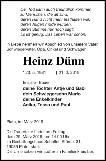 Traueranzeige von Heinz Dünn von Demminer Zeitung