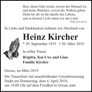 Traueranzeige von Heinz Kircher von Hagenower Kreisblatt