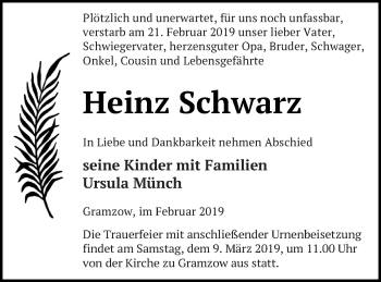 Traueranzeige von Heinz Schwarz von Prenzlauer Zeitung