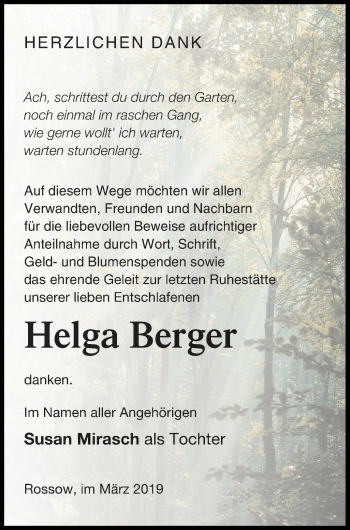 Traueranzeige von Helga Berger von Pasewalker Zeitung